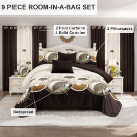9 Piece Soft All-Season Washed Microfiber Cover Set , Queen/King/Calking Bedding Set With Pillowcases,Bedspread Print Curtains & Solid Curtains,P (Color: Brown leaves, size: King)