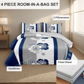 4 Piece Soft All-Season Washed Microfiber And Viscose Comforter Set ,  With Comforter, Sheet, Pillowcases & Shams, Print, Flowerd, Moisture-Wicki (Color: blue/white flower, size: CAL KING)