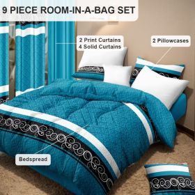 9 Piece in a Bag Thick Touch Bed Cover Curtain Set, Upgraded Luxury Bedspread Set, Bamboo microfiber All Season Bedding-Set For Home, RV Beding (Color: blue/black boho, size: CAL KING)