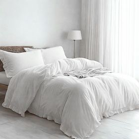 3-Piece Linen Duvet Cover Set Solid Color with Elegant Ruffles Design, Breathable and Soft, Ivory (specifications: King)